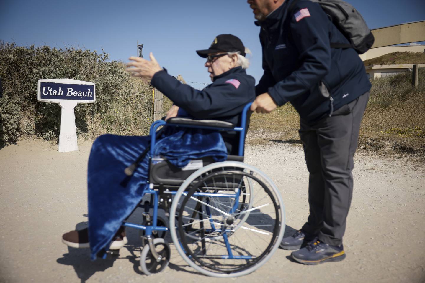 U.S. veteran arrives at a commemoration organized by Best Defense Foundation at Utah Beach near Sainte-Marie-du-Mont, Normandy, France, Sunday, June 4, 2023.