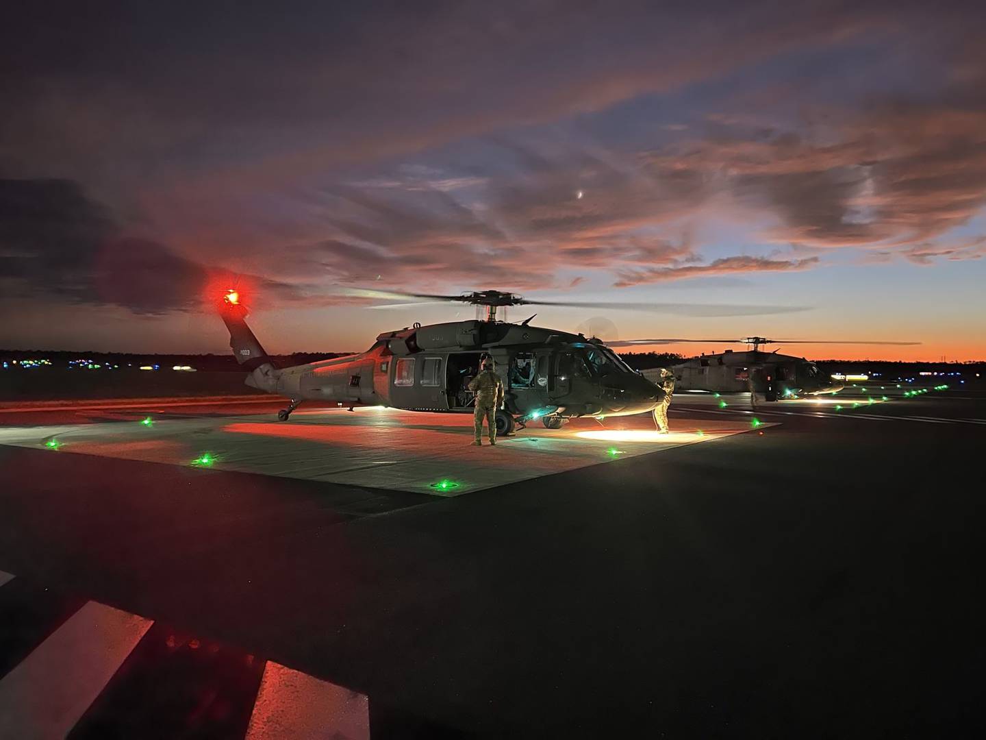 Tennessee UH-60 Black Hawks and crews arrive in Tallahassee, Fla. on Sept. 28, 2022, to support Hurricane Ian response efforts.